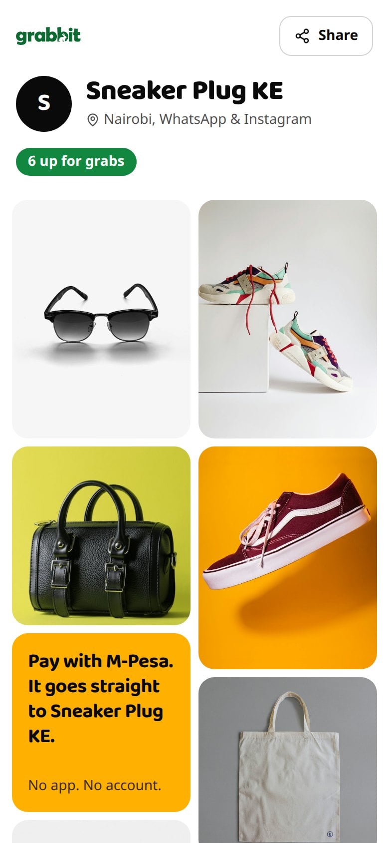 A seller's Grabbit shop page on a phone