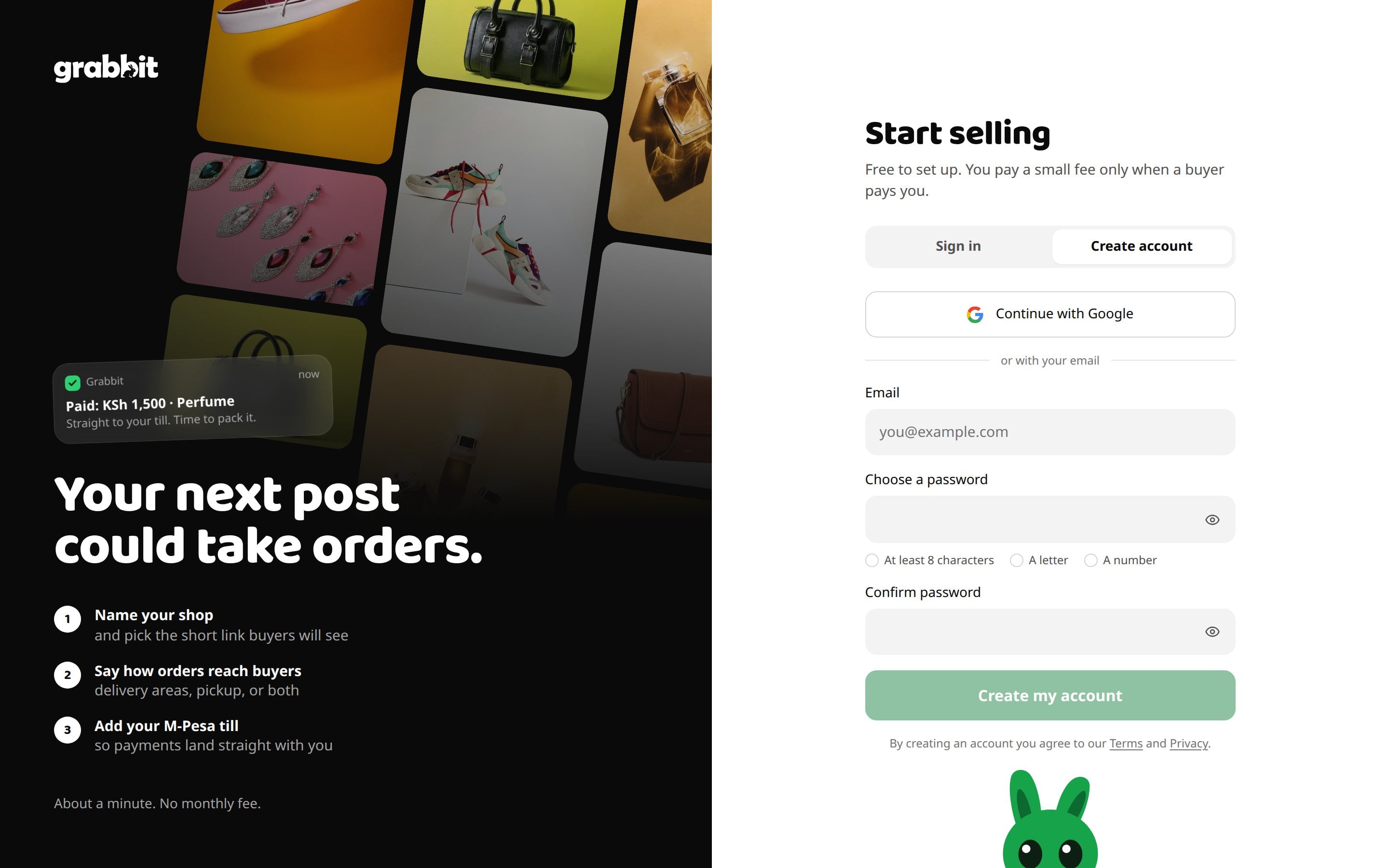 Grabbit sign-up, with real products behind it