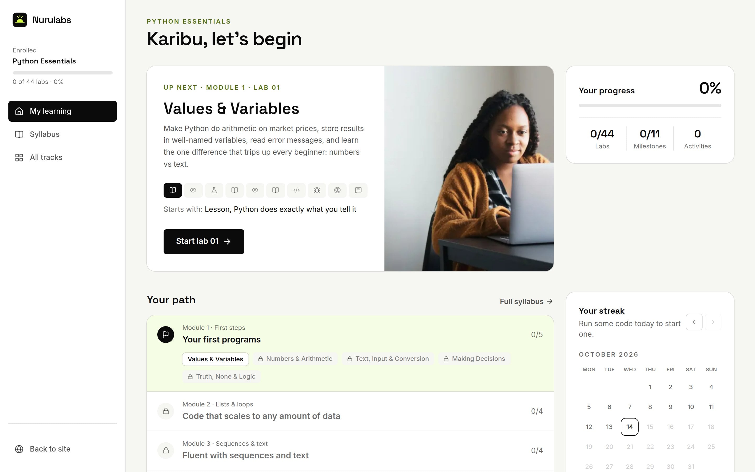 A learner's NuruLabs dashboard